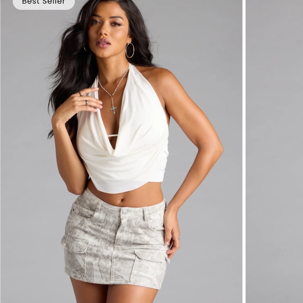 Elegant White Halter Top and Textured Gray Skirt
